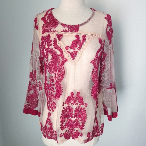 MinkPink Burgundy Red & Pink Paisley Sheer Embroidered Bell 3/4-Sleeve Top - Picture 3 of 8